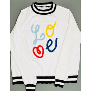 Alice + Olivia Womans Sweater Cream White Love Crew Neck Sweater M Embroidery